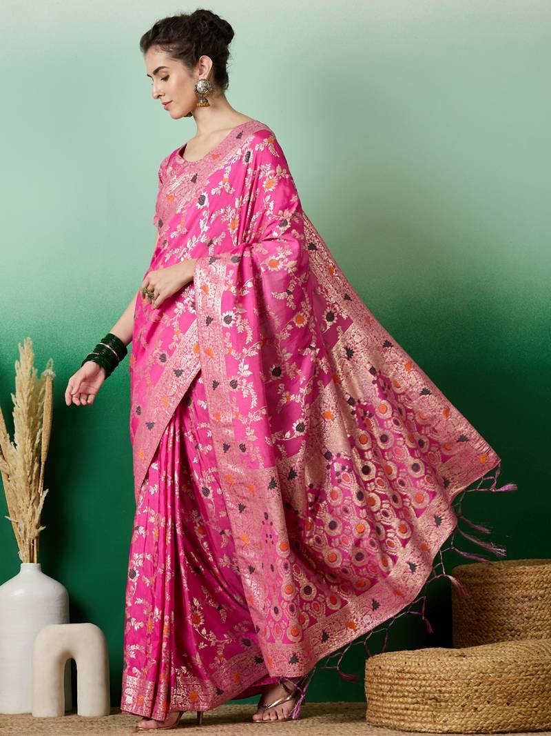 pink Banarasi Dola Cotton Saree with Blouse