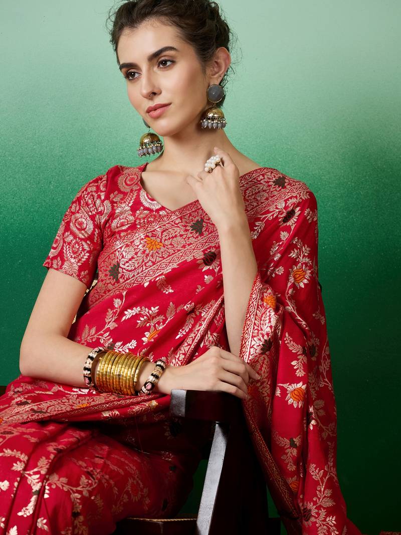 red Banarasi Dola Cotton Saree with Blouse