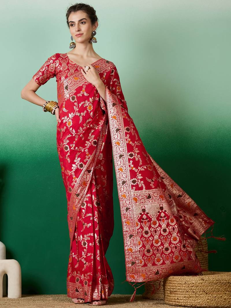 red Banarasi Dola Cotton Saree with Blouse