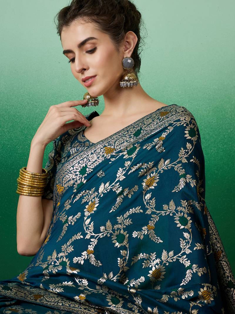 teal Banarasi Dola Cotton Saree with Blouse