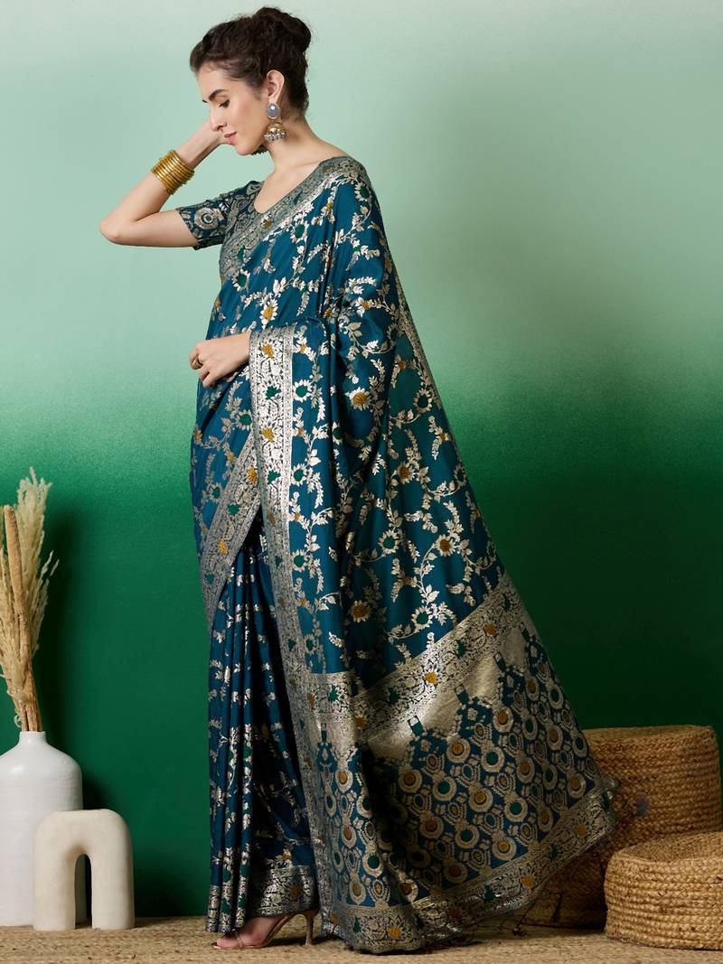 teal Banarasi Dola Cotton Saree with Blouse