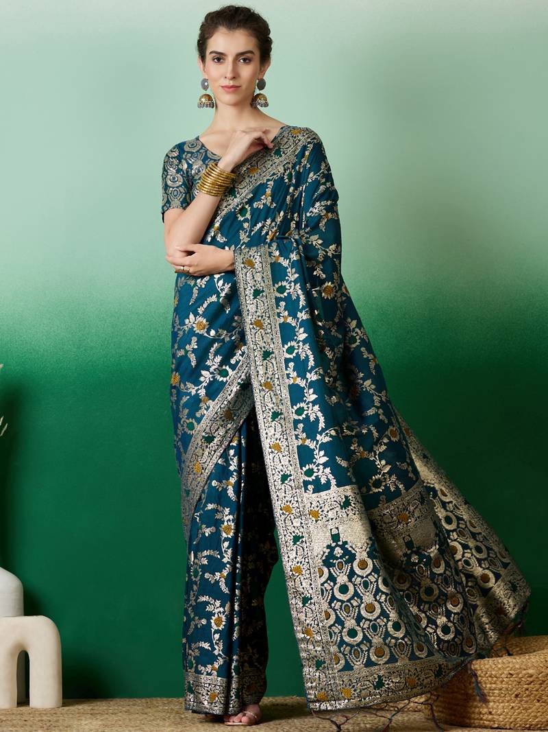 teal Banarasi Dola Cotton Saree with Blouse