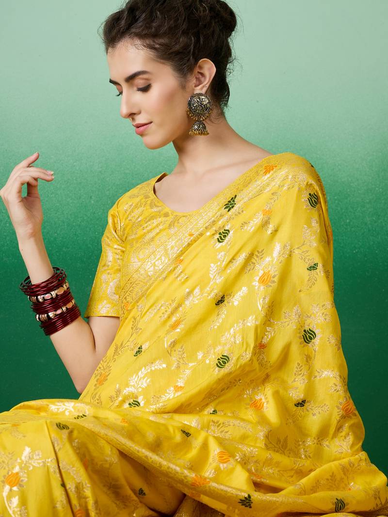 yellow Banarasi Dola Cotton Saree with Blouse