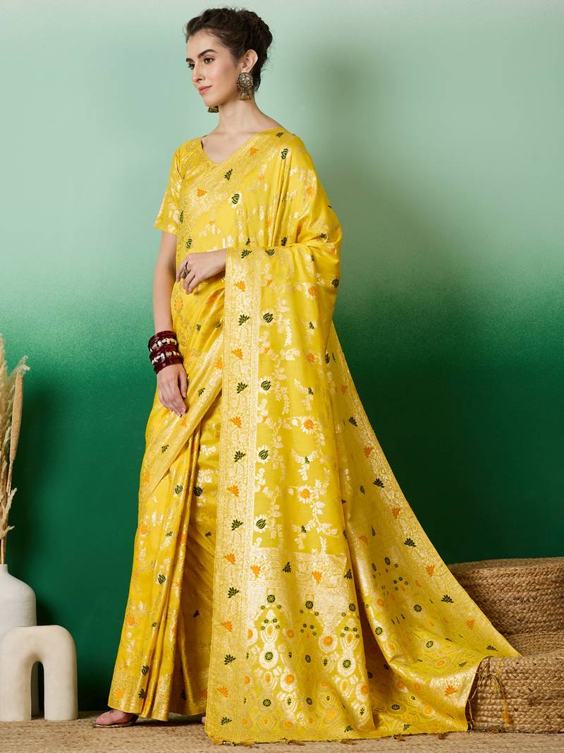 yellow Banarasi Dola Cotton Saree with Blouse