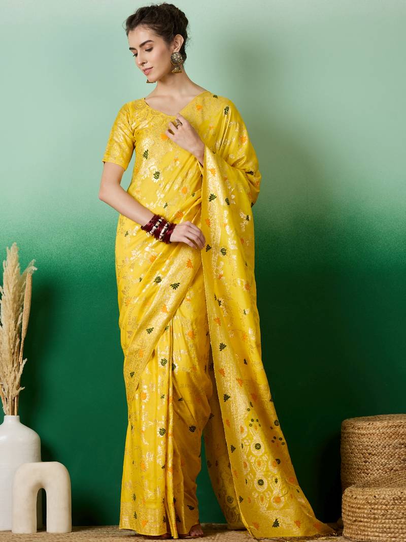 yellow Banarasi Dola Cotton Saree with Blouse