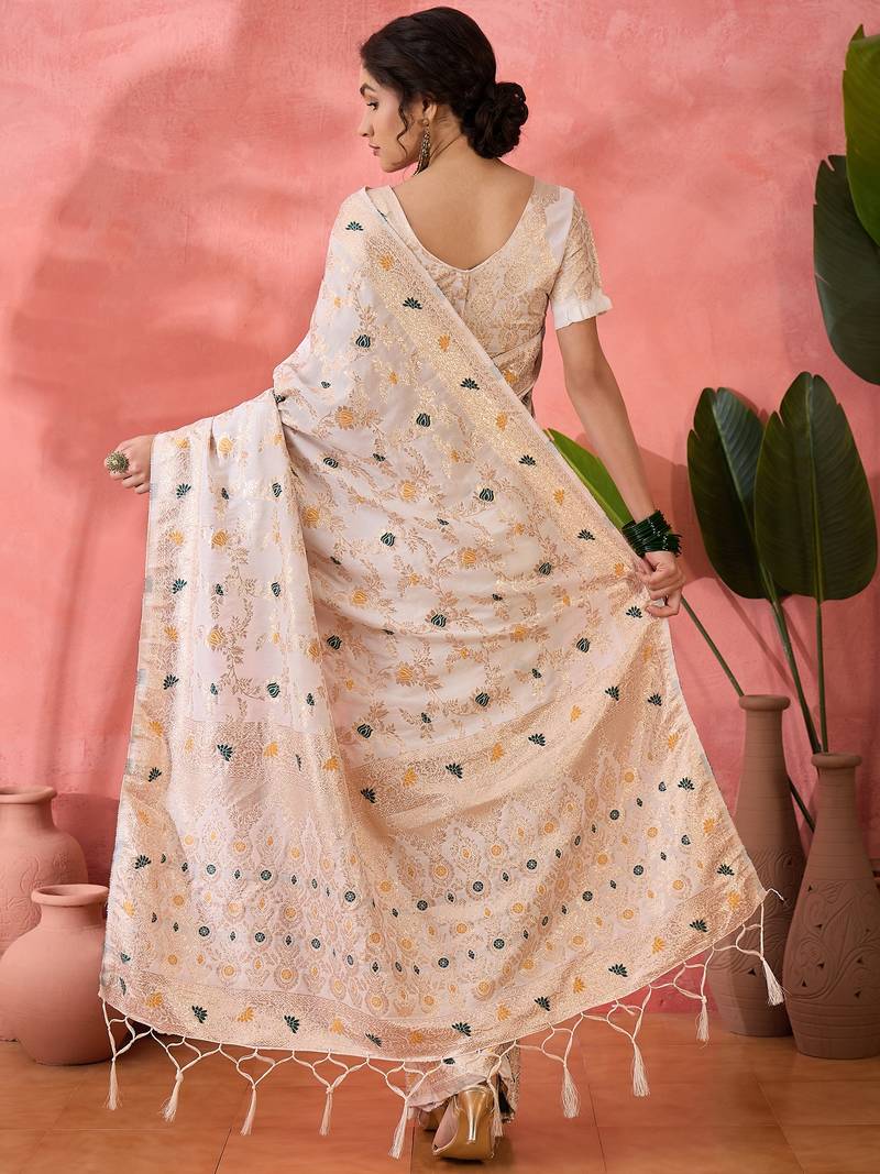 cream Banarasi Dola Cotton Saree with Blouse