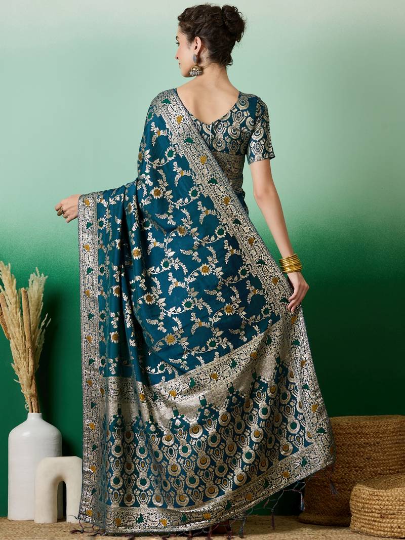 teal Banarasi Dola Cotton Saree with Blouse