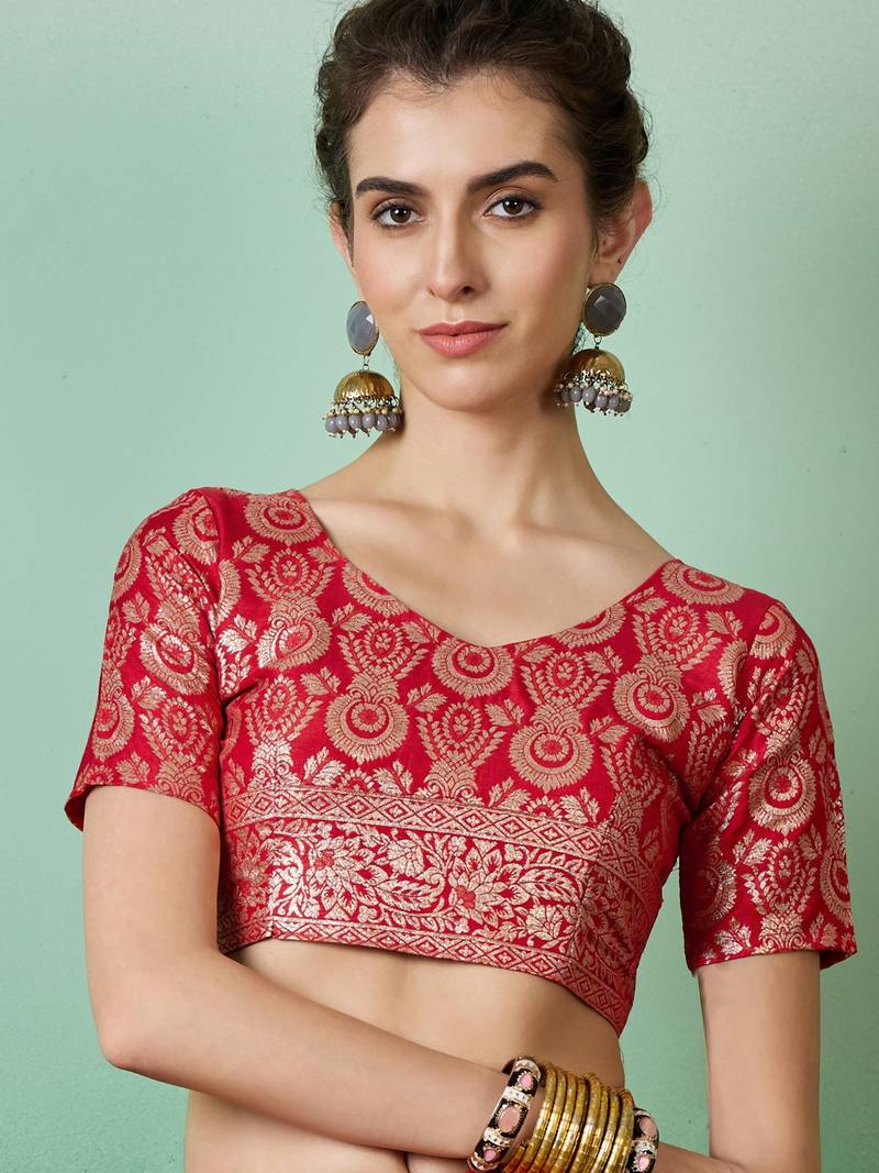red Banarasi Dola Cotton Saree with Blouse