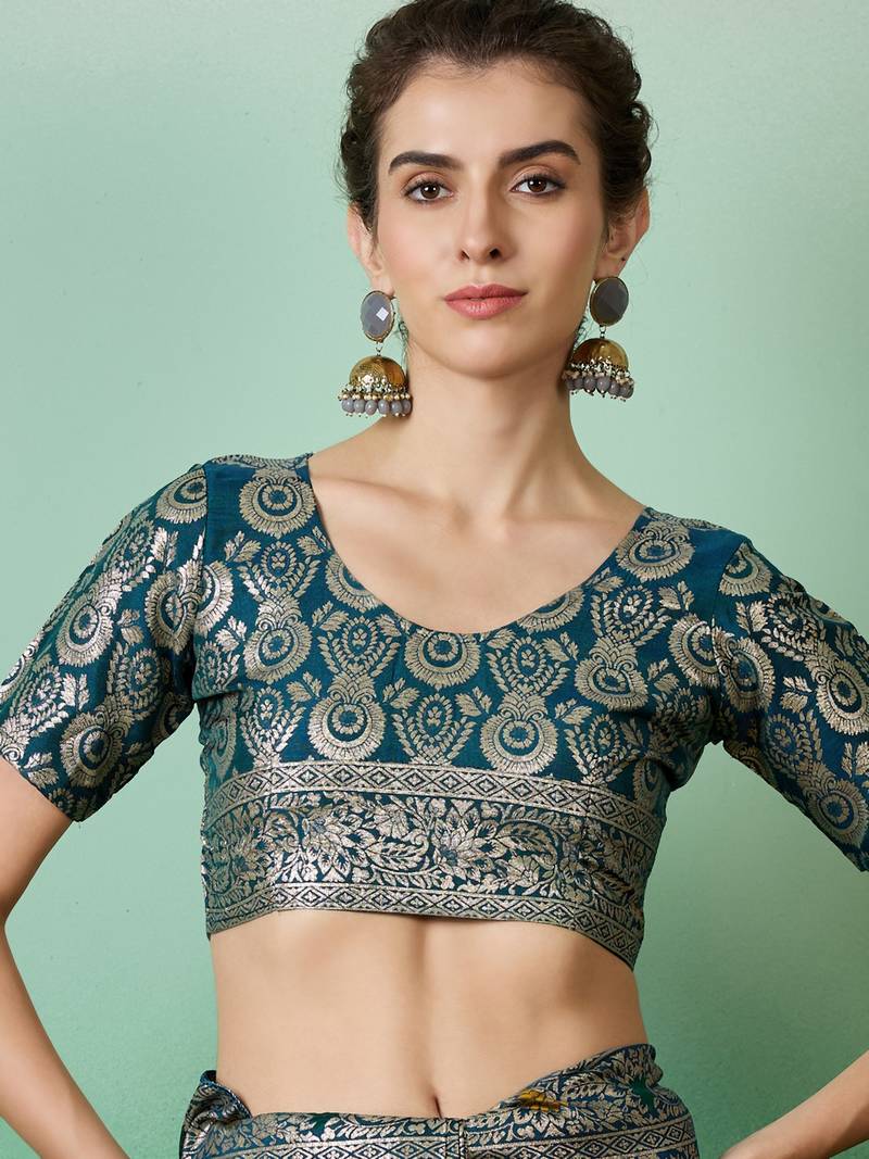 teal Banarasi Dola Cotton Saree with Blouse