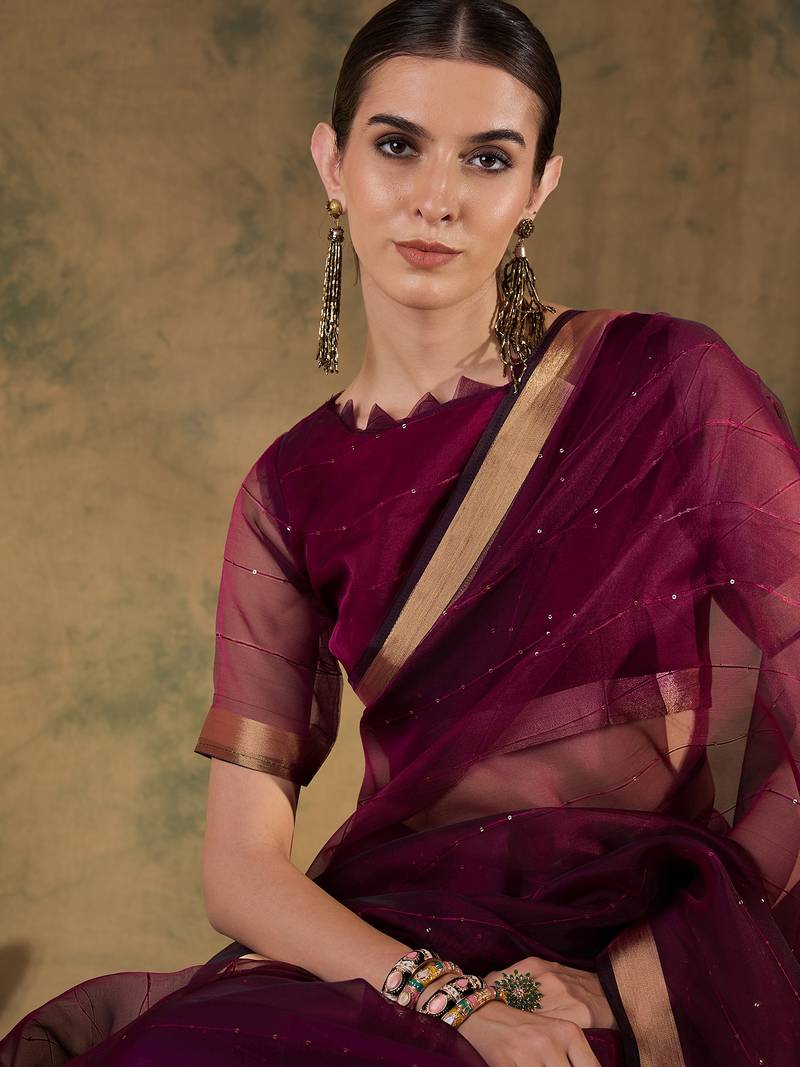 wine Plain Organza silk blend Saree with Blouse