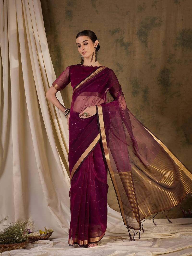 wine Plain Organza silk blend Saree with Blouse