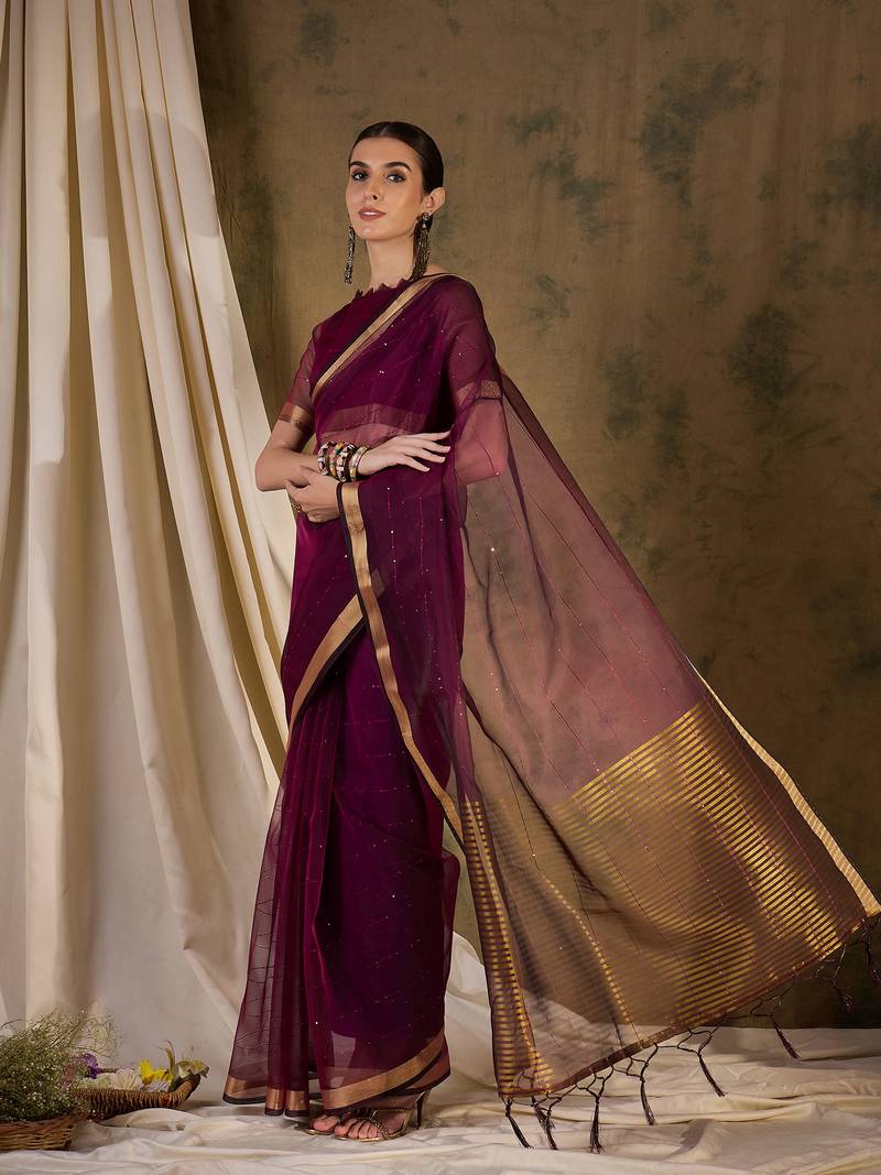 wine Plain Organza silk blend Saree with Blouse