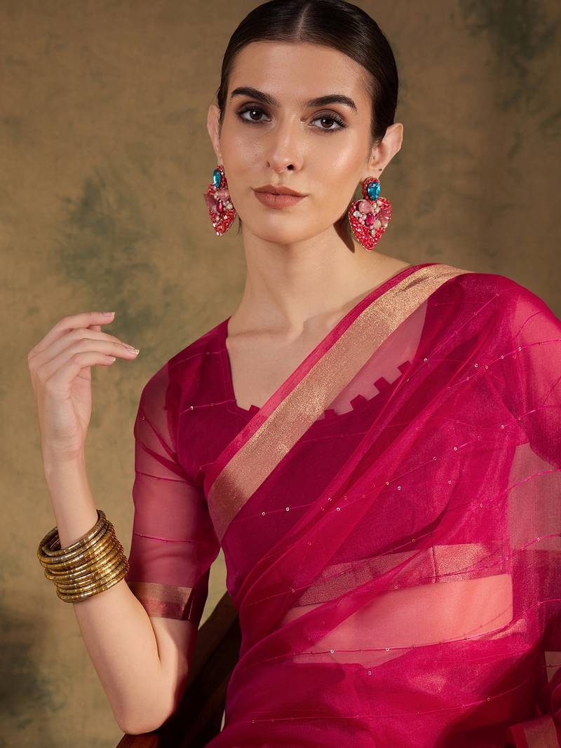 pink Plain Organza silk blend Saree with Blouse