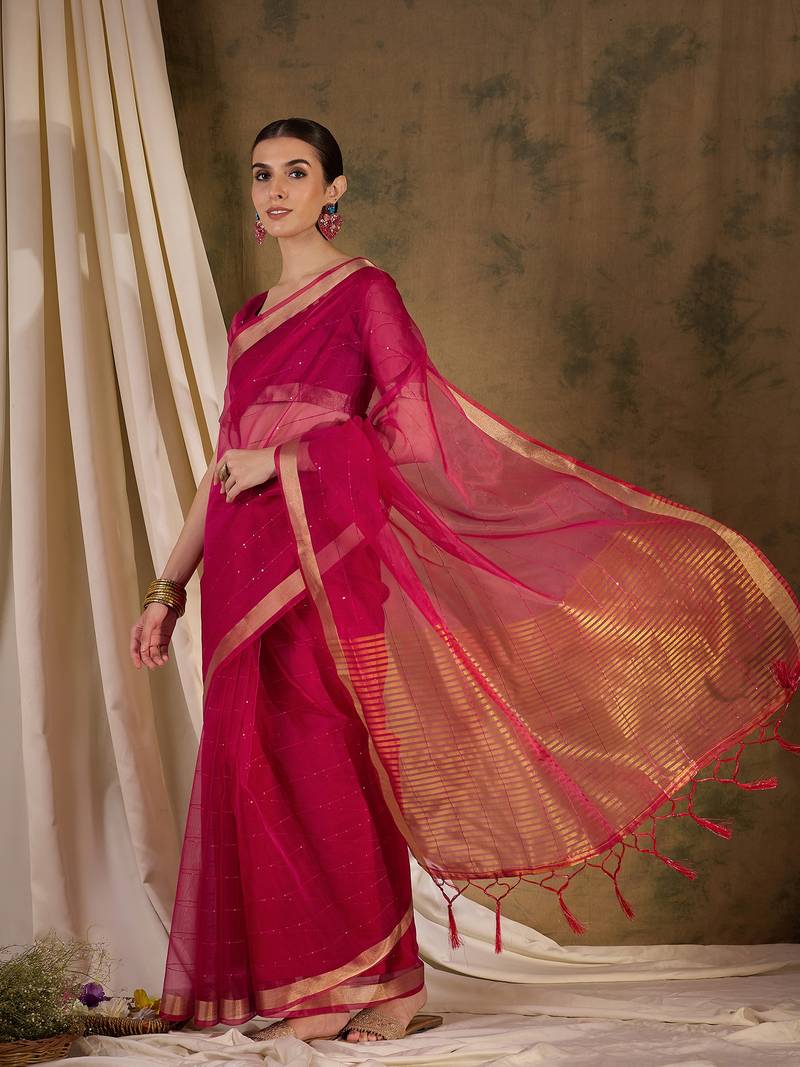 pink Plain Organza silk blend Saree with Blouse