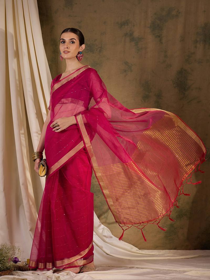 pink Plain Organza silk blend Saree with Blouse