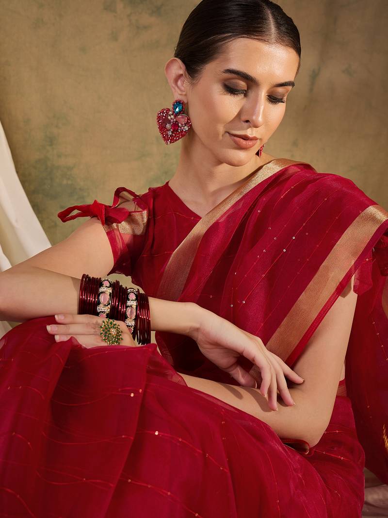 red Plain Organza silk blend Saree with Blouse