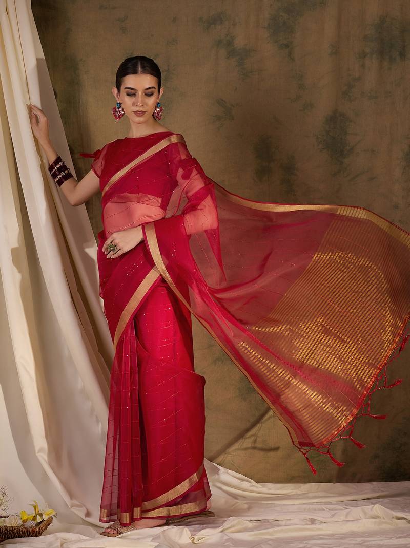red Plain Organza silk blend Saree with Blouse