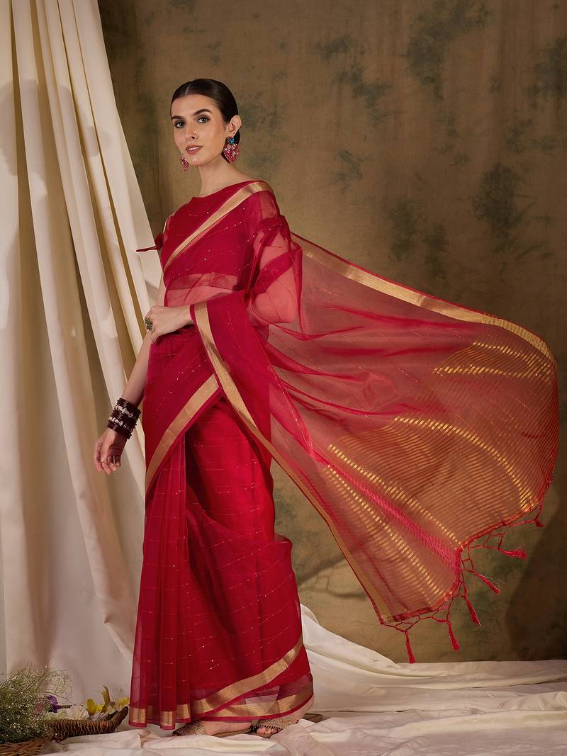 red Plain Organza silk blend Saree with Blouse
