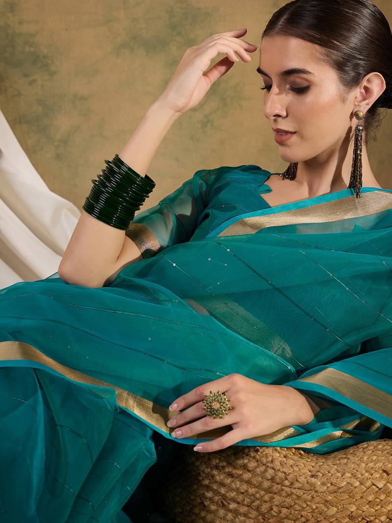 teal Plain Organza silk blend Saree with Blouse