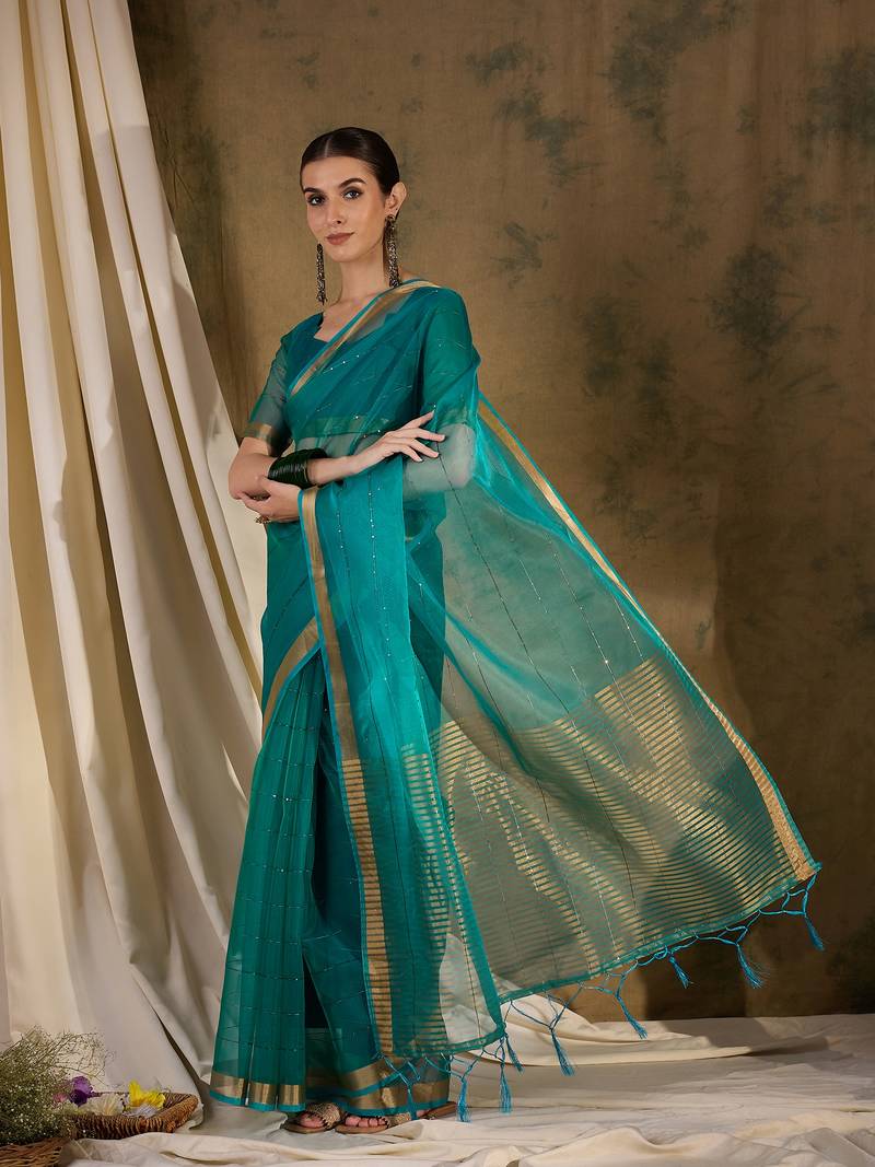 teal Plain Organza silk blend Saree with Blouse