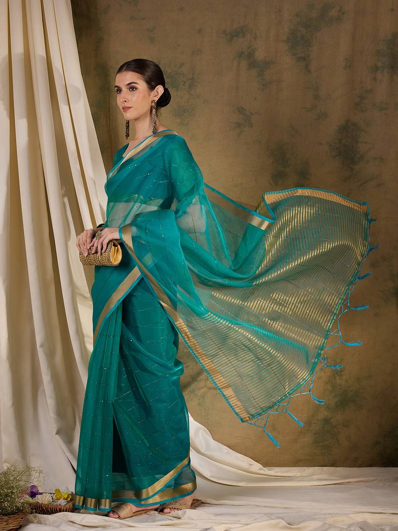 teal Plain Organza silk blend Saree with Blouse