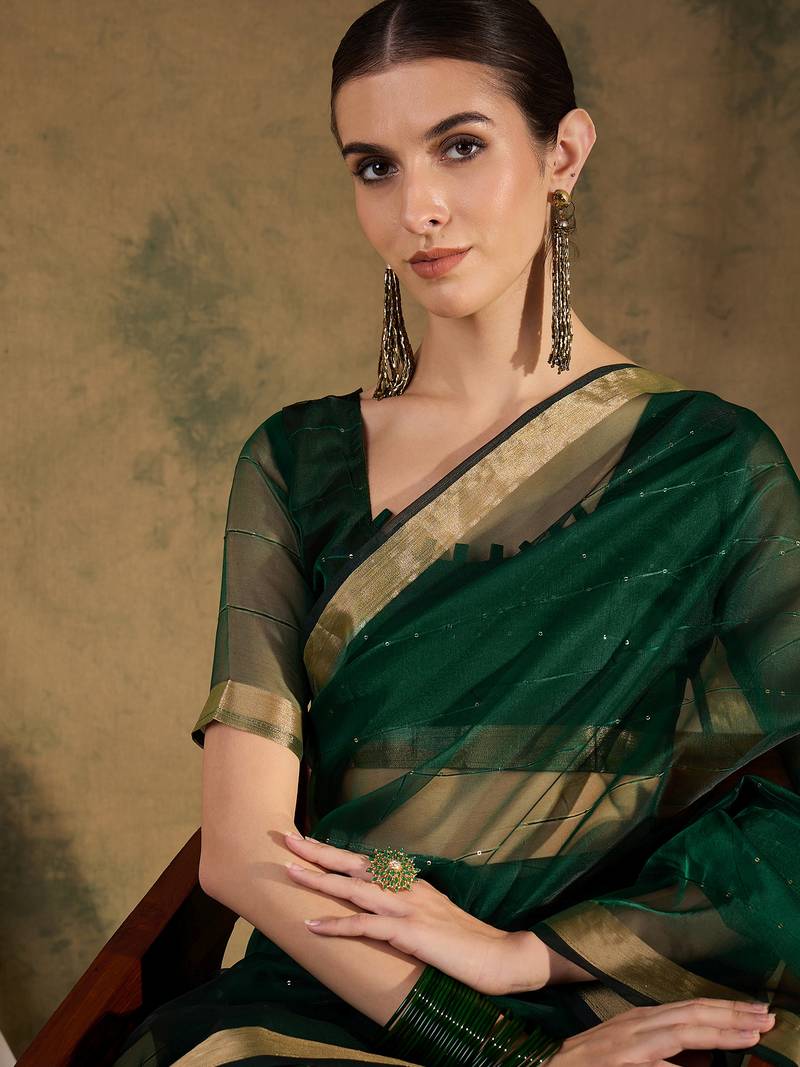 green Plain Organza silk blend Saree with Blouse