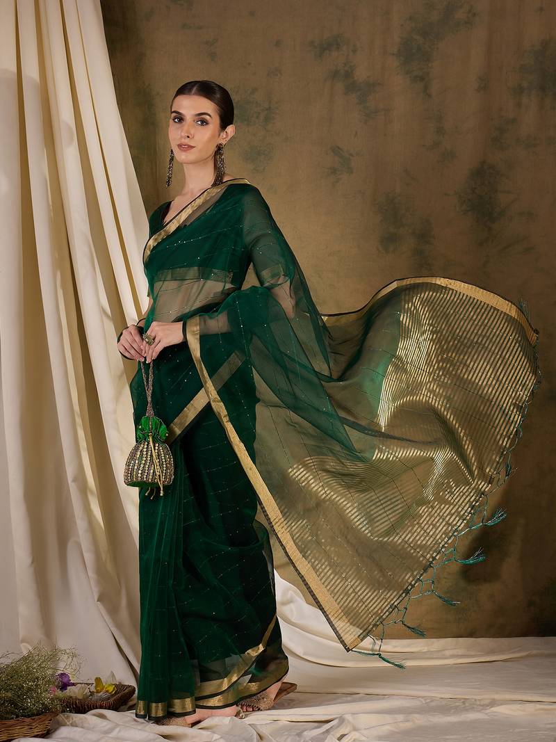 green Plain Organza silk blend Saree with Blouse
