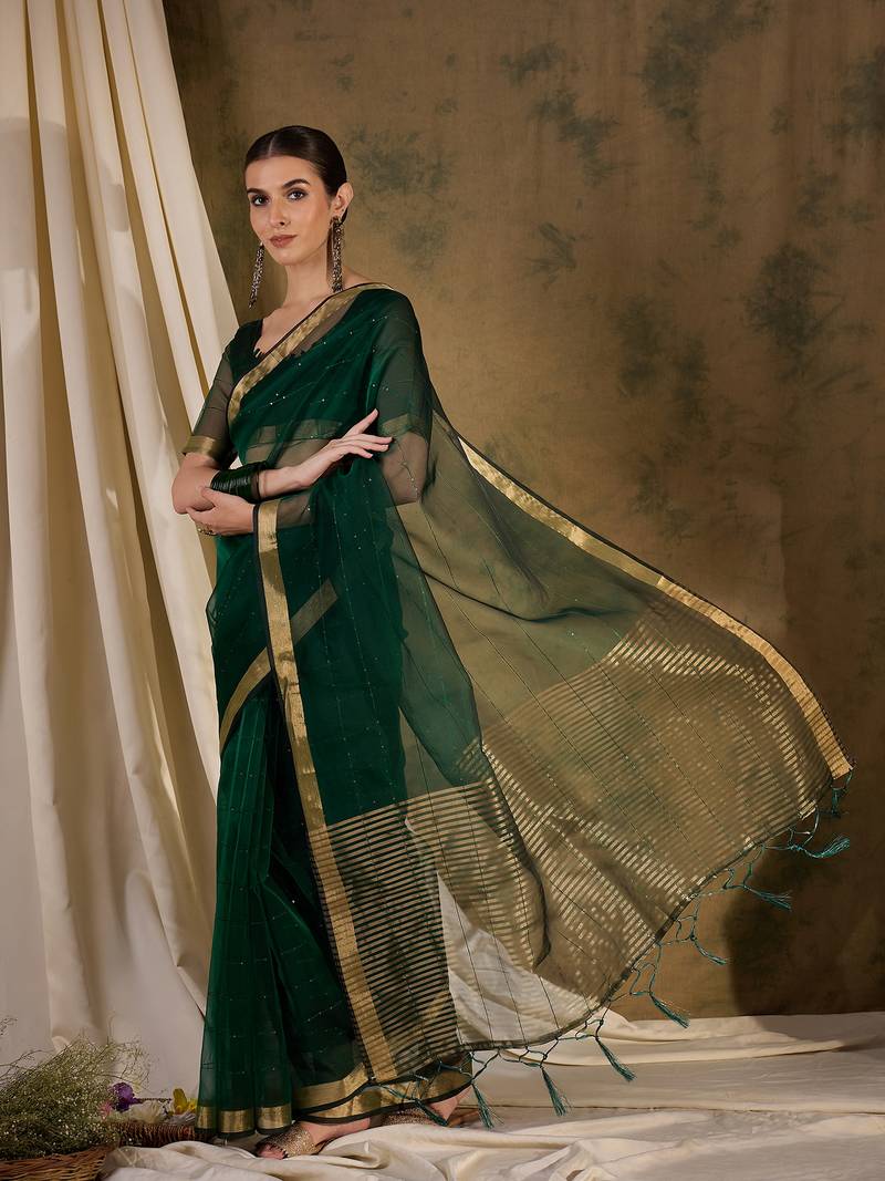 green Plain Organza silk blend Saree with Blouse