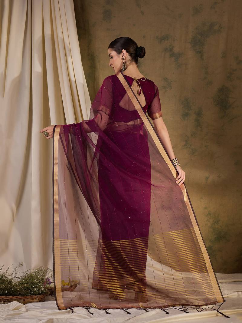 wine Plain Organza silk blend Saree with Blouse