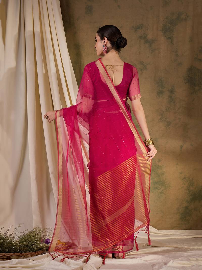 pink Plain Organza silk blend Saree with Blouse