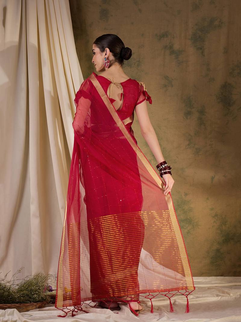 red Plain Organza silk blend Saree with Blouse