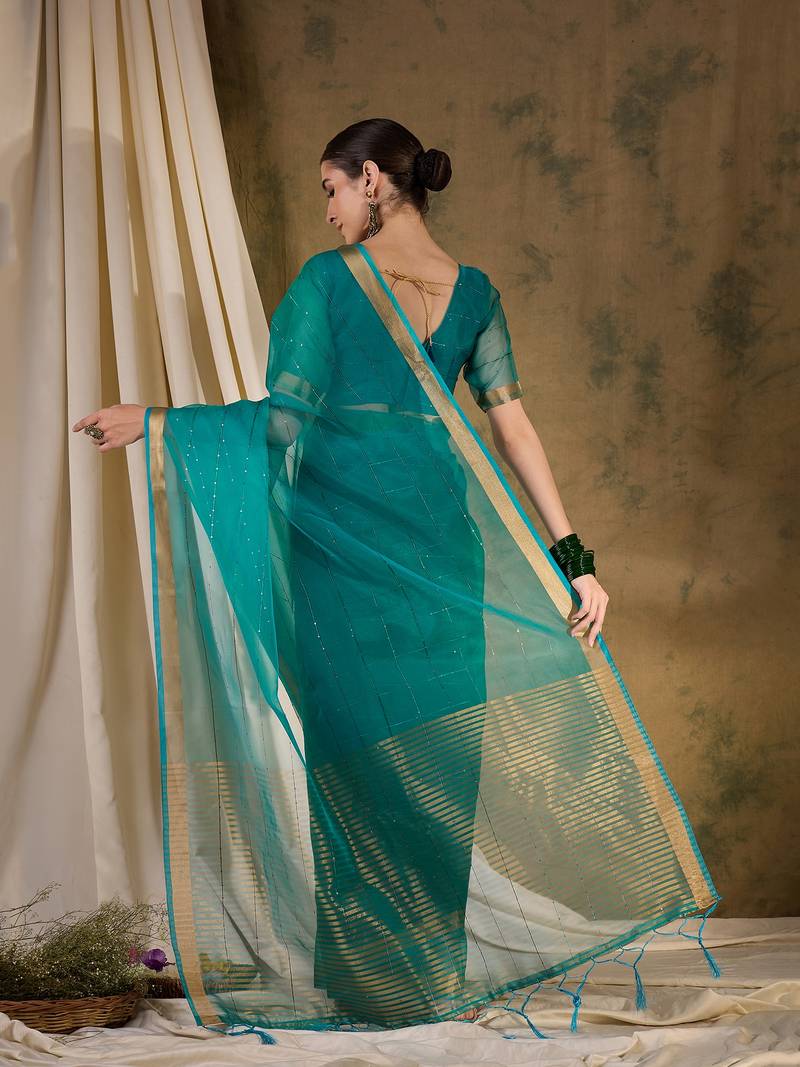 teal Plain Organza silk blend Saree with Blouse