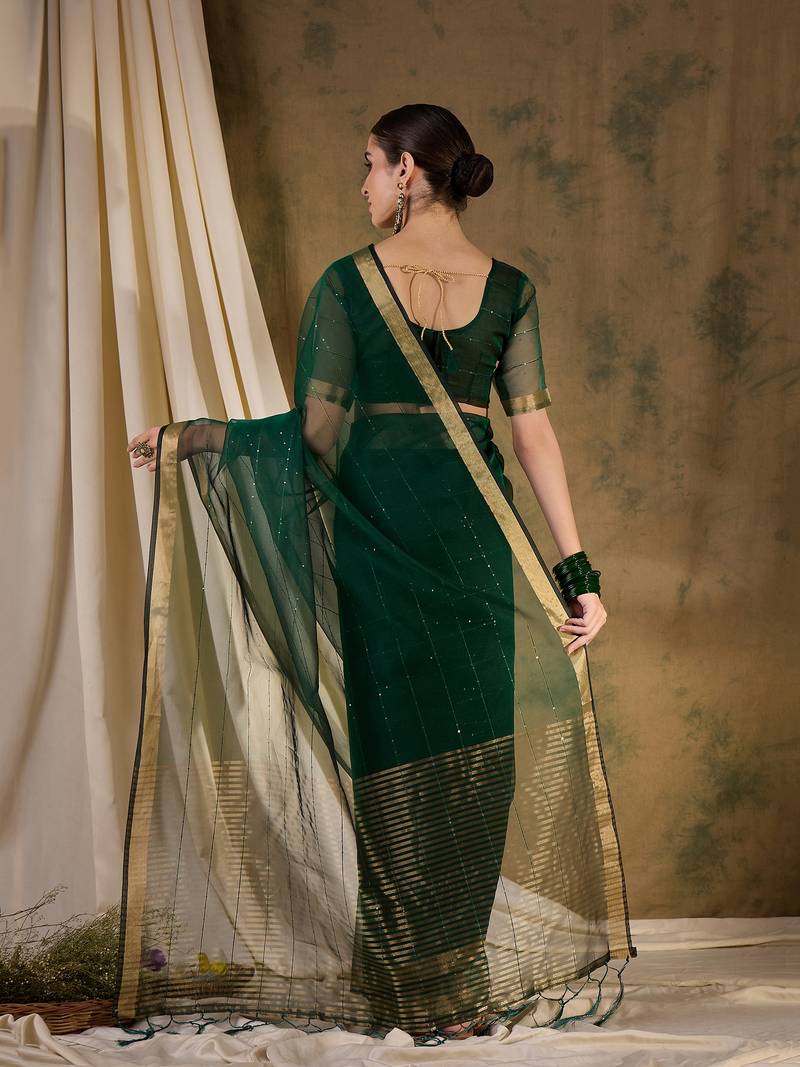 green Plain Organza silk blend Saree with Blouse
