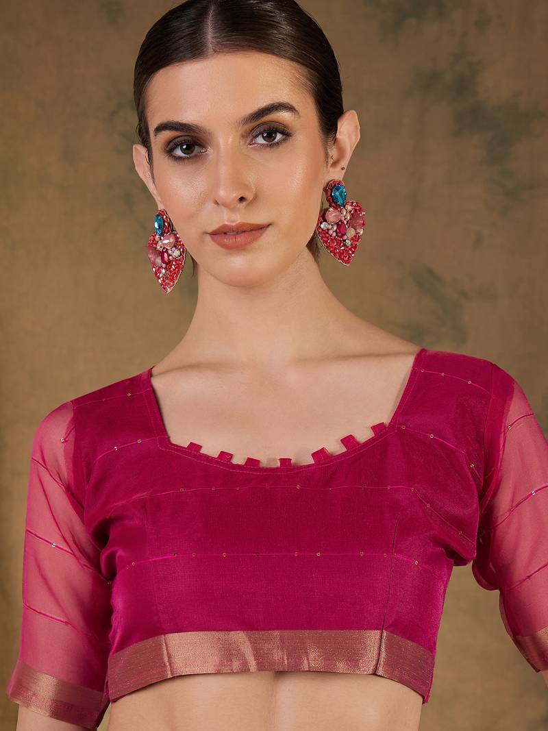 pink Plain Organza silk blend Saree with Blouse