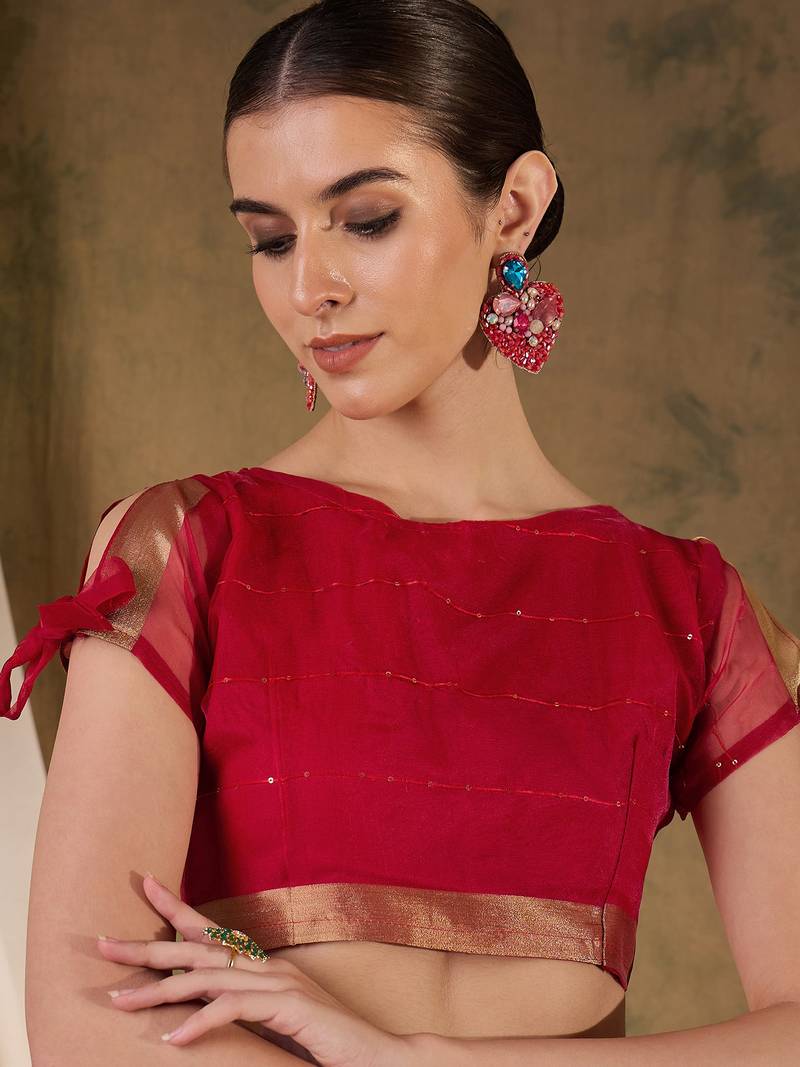 red Plain Organza silk blend Saree with Blouse