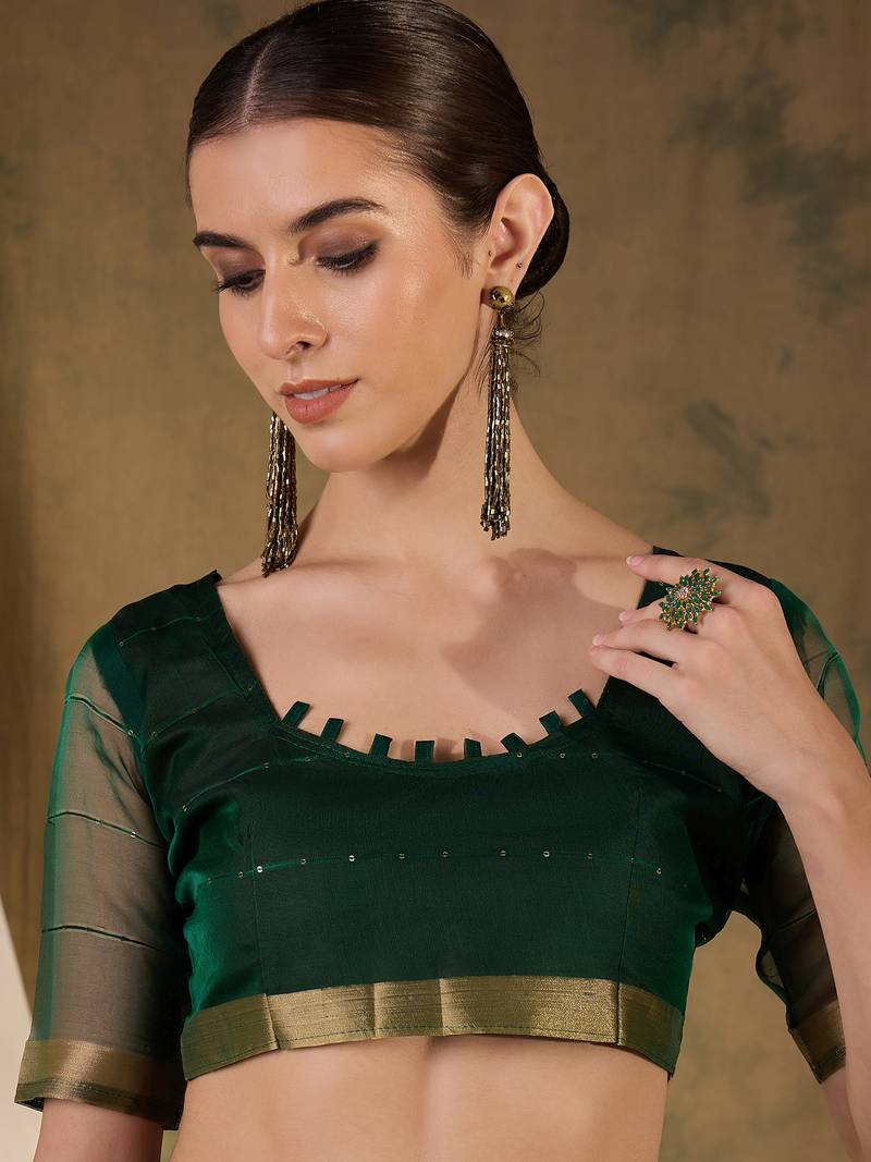 green Plain Organza silk blend Saree with Blouse