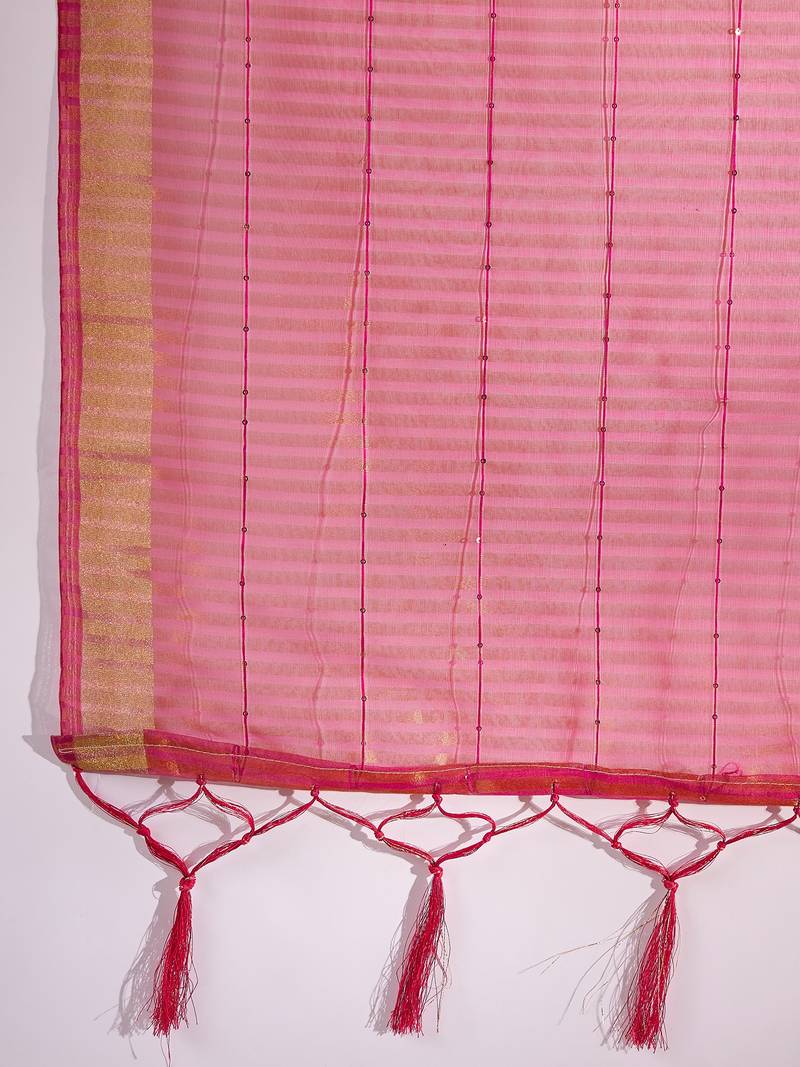 pink Plain Organza silk blend Saree with Blouse