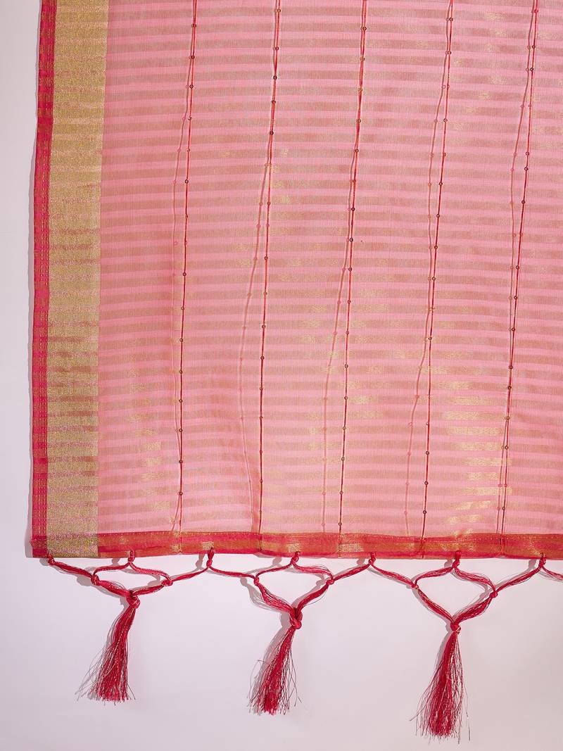 red Plain Organza silk blend Saree with Blouse