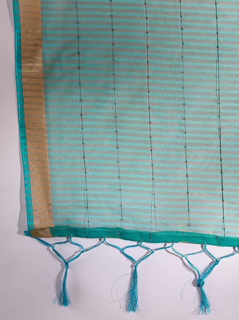 teal Plain Organza silk blend Saree with Blouse