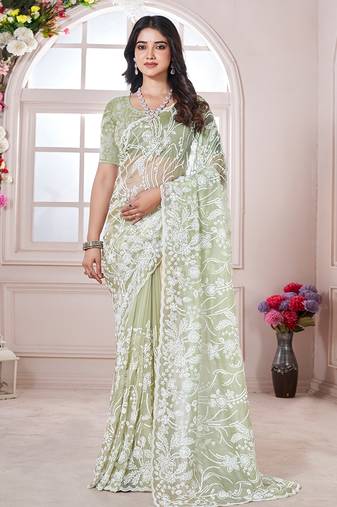 Green net resham embroidered saree