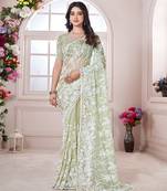 Green net resham embroidered saree