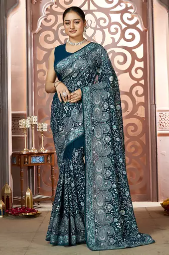 Navy Blue georgette resham embroidered saree