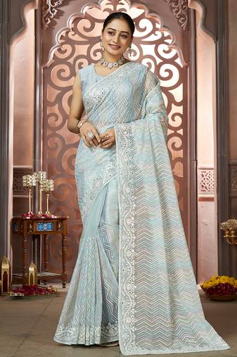 Light blue organza sequin embroidered saree