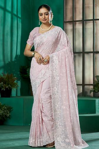 Light pink georgette woven embroidered saree