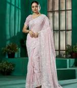Light pink georgette woven embroidered saree