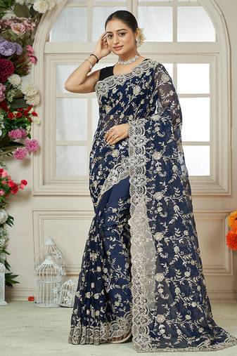  navy blue organza sequin embroidered saree