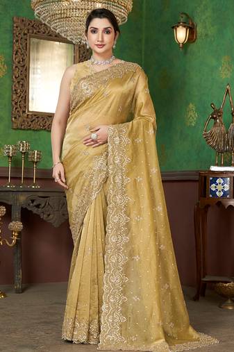 Golden silk blend zari work embroidered saree