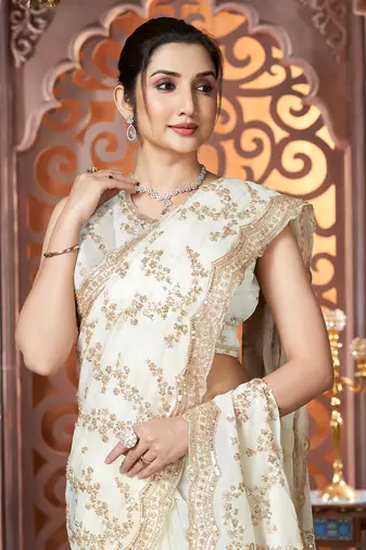 White organza sequin embroidered saree