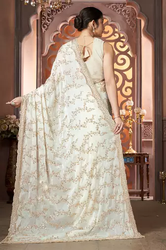 White organza sequin embroidered saree