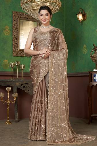 Light Brown organza sequin embroidered saree